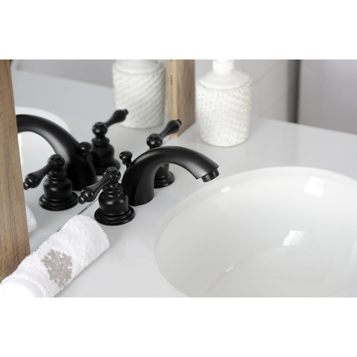 Kingston Heirloom KB940AL - Victorian Two-Handle 3-Hole Deck Mount Mini-Widespread Bathroom Faucet with Pop-Up Drain, Matte Black