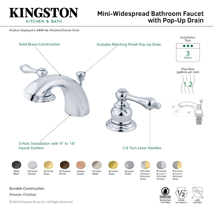 Kingston Heirloom KB944AL - Victorian Two-Handle 3-Hole Deck Mount Mini-Widespread Bathroom Faucet with Pop-Up Drain, Polished Chrome/Polished Brass