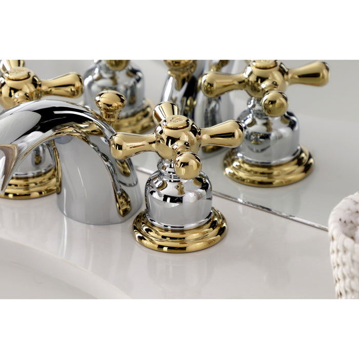 Kingston Heirloom KB944AX - Victorian Two-Handle 3-Hole Deck Mount Mini-Widespread Bathroom Faucet with Pop-Up Drain, Polished Chrome/Polished Brass