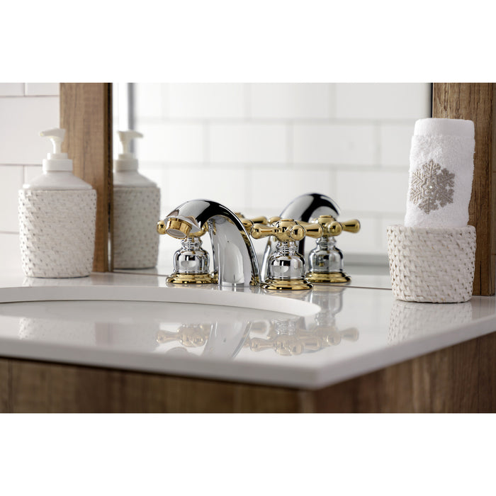 Kingston Heirloom KB944AX - Victorian Two-Handle 3-Hole Deck Mount Mini-Widespread Bathroom Faucet with Pop-Up Drain, Polished Chrome/Polished Brass