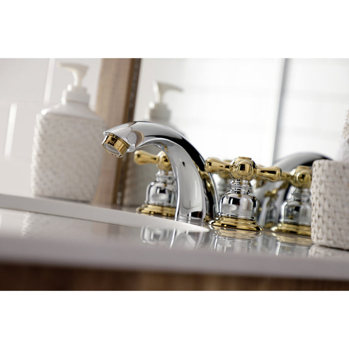 Kingston Heirloom KB944AX - Victorian Two-Handle 3-Hole Deck Mount Mini-Widespread Bathroom Faucet with Pop-Up Drain, Polished Chrome/Polished Brass