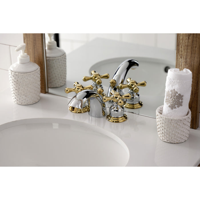 Kingston Heirloom KB944AX - Victorian Two-Handle 3-Hole Deck Mount Mini-Widespread Bathroom Faucet with Pop-Up Drain, Polished Chrome/Polished Brass