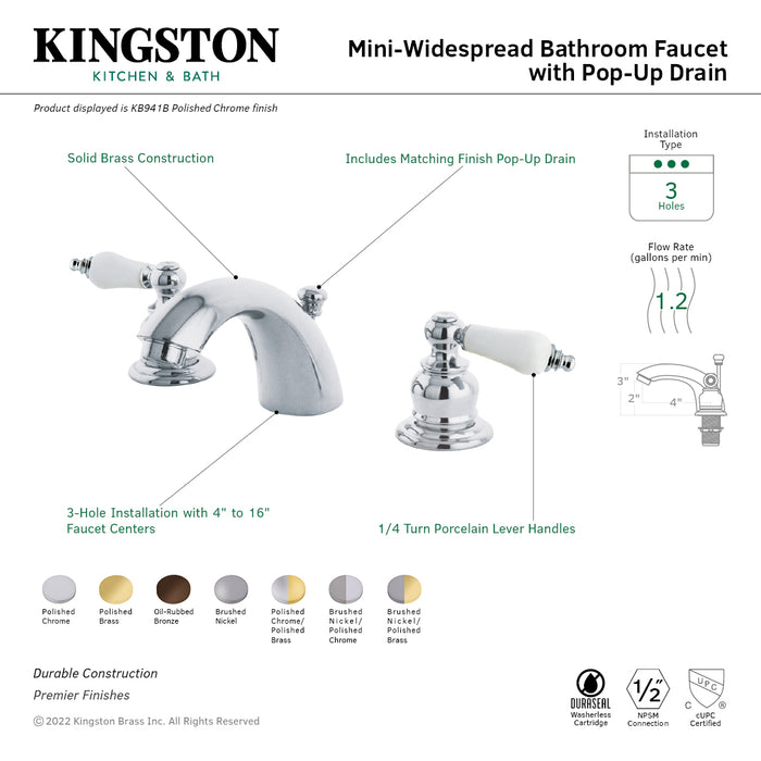 Kingston Heirloom KB944B - Victorian Two-Handle 3-Hole Deck Mount Mini-Widespread Bathroom Faucet with Pop-Up Drain, Polished Chrome/Polished Brass