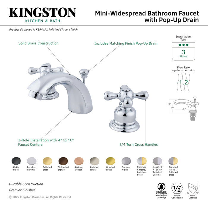 Kingston Heirloom KB946AXPN - Victorian Two-Handle 3-Hole Deck Mount Mini-Widespread Bathroom Faucet with Pop-Up Drain, Polished Nickel