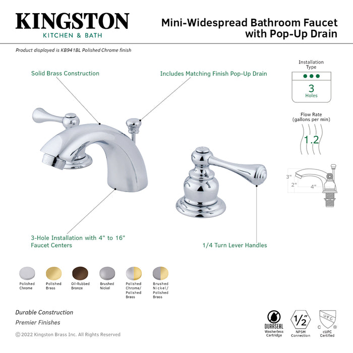 Kingston Tulare KB948BL - Vintage Two-Handle 3-Hole Deck Mount Mini-Widespread Bathroom Faucet with Pop-Up Drain, Brushed Nickel