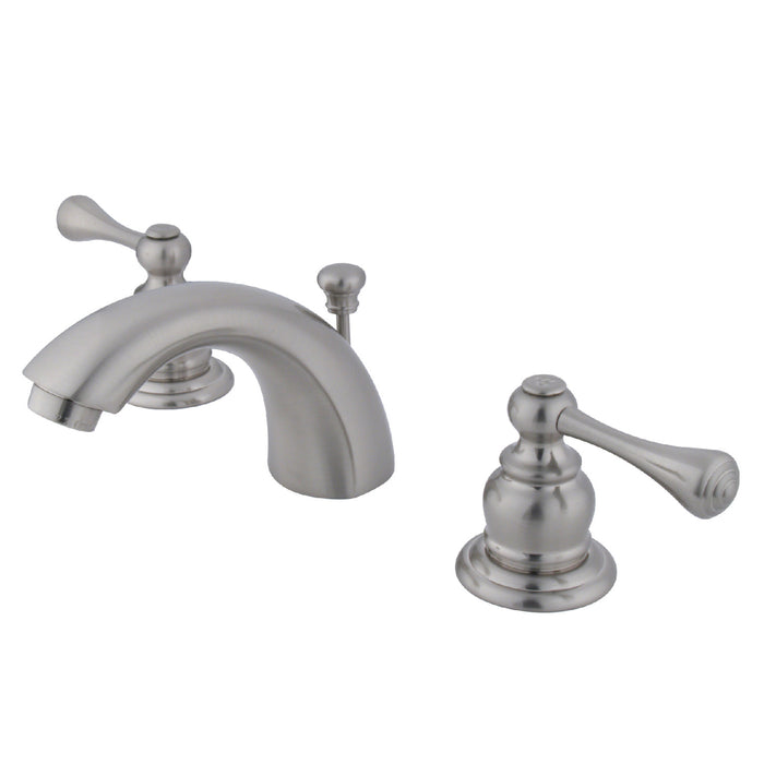Kingston Tulare KB948BL - Vintage Two-Handle 3-Hole Deck Mount Mini-Widespread Bathroom Faucet with Pop-Up Drain, Brushed Nickel