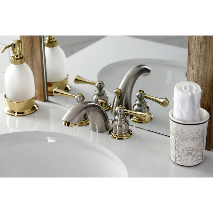 Kingston Tulare KB949BL - Vintage Two-Handle 3-Hole Deck Mount Mini-Widespread Bathroom Faucet with Pop-Up Drain, Brushed Nickel/Polished Brass