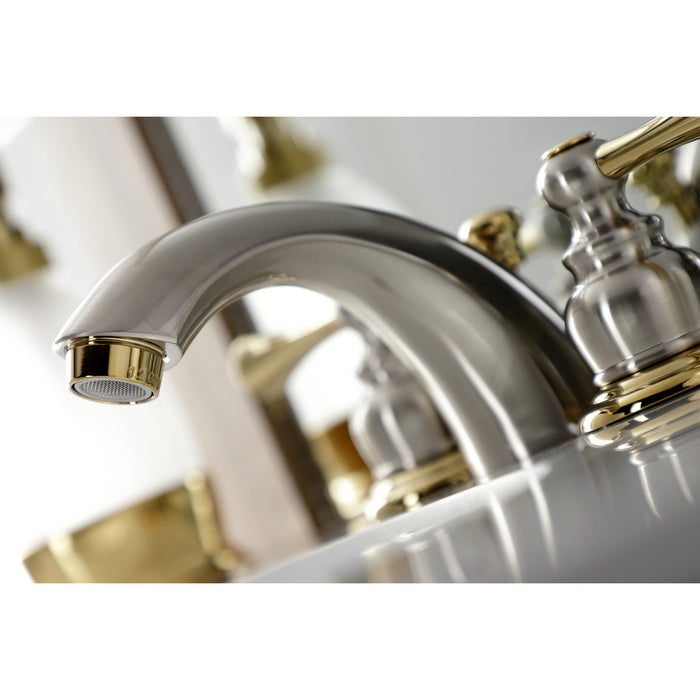 Kingston Tulare KB949BL - Vintage Two-Handle 3-Hole Deck Mount Mini-Widespread Bathroom Faucet with Pop-Up Drain, Brushed Nickel/Polished Brass