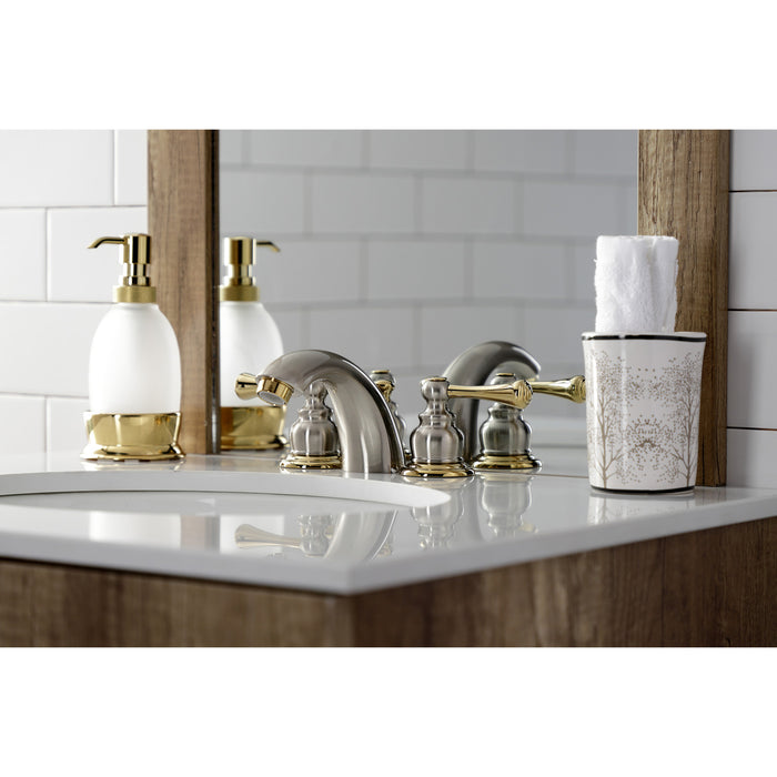 Kingston Tulare KB949BL - Vintage Two-Handle 3-Hole Deck Mount Mini-Widespread Bathroom Faucet with Pop-Up Drain, Brushed Nickel/Polished Brass