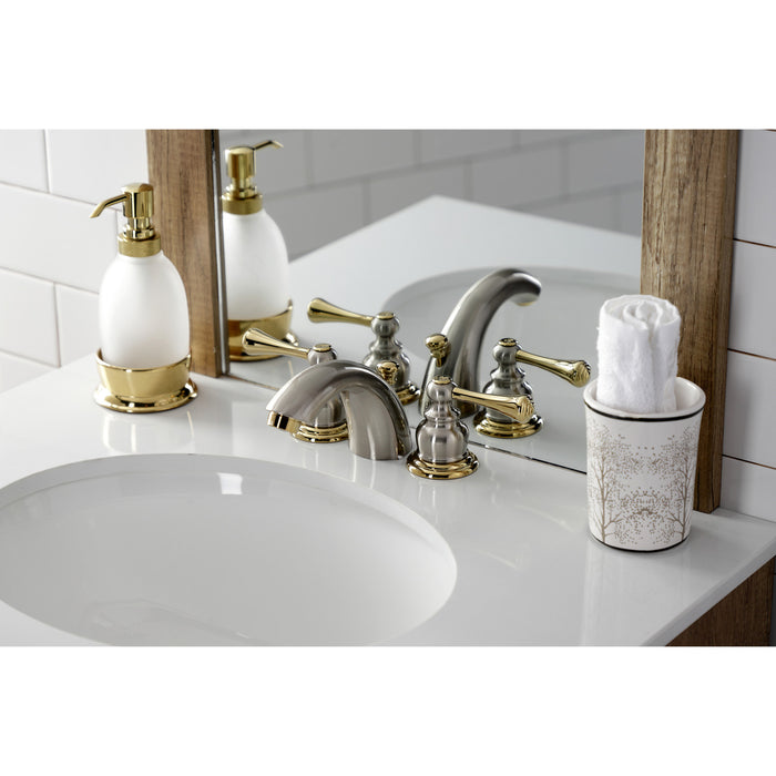 Kingston Tulare KB949BL - Vintage Two-Handle 3-Hole Deck Mount Mini-Widespread Bathroom Faucet with Pop-Up Drain, Brushed Nickel/Polished Brass