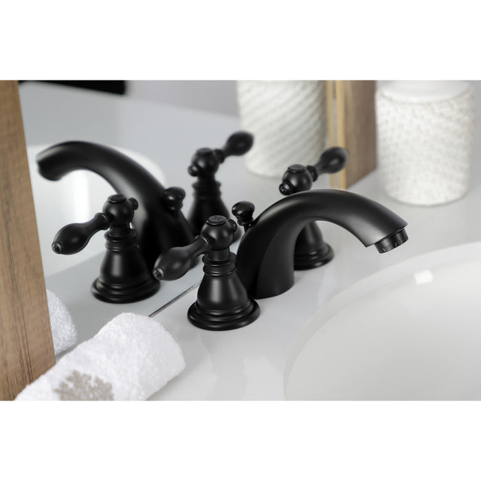 Kingston Tulare KB950ACL - American Classic Two-Handle 3-Hole Deck Mount Mini-Widespread Bathroom Faucet with Pop-Up Drain, Matte Black