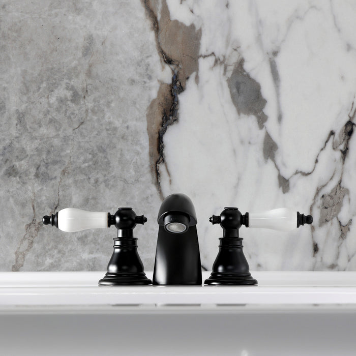 Kingston Tulare KB950APL - American Patriot Two-Handle 3-Hole Deck Mount Mini-Widespread Bathroom Faucet with Pop-Up Drain, Matte Black