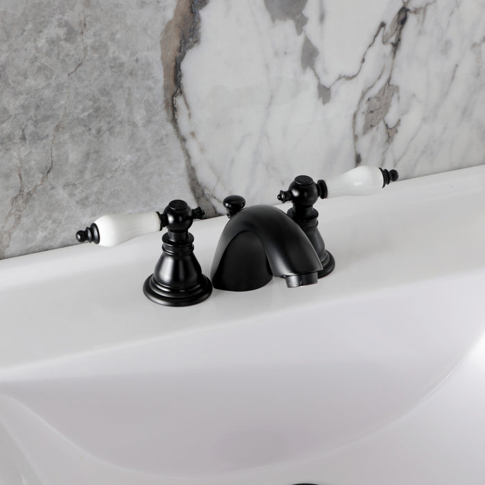 Kingston Tulare KB950APL - American Patriot Two-Handle 3-Hole Deck Mount Mini-Widespread Bathroom Faucet with Pop-Up Drain, Matte Black