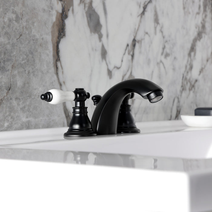Kingston Tulare KB950APL - American Patriot Two-Handle 3-Hole Deck Mount Mini-Widespread Bathroom Faucet with Pop-Up Drain, Matte Black