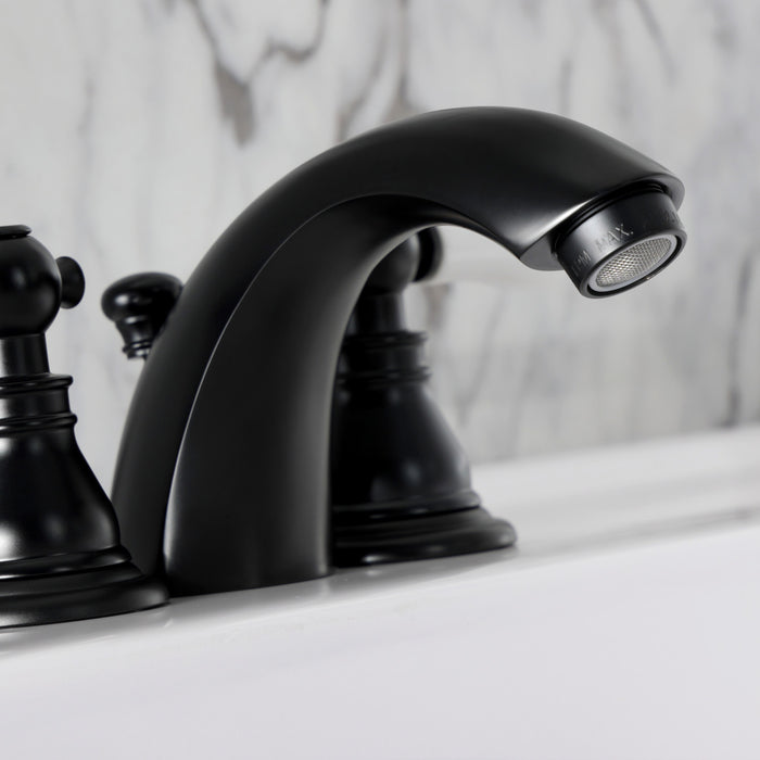 Kingston Tulare KB950APL - American Patriot Two-Handle 3-Hole Deck Mount Mini-Widespread Bathroom Faucet with Pop-Up Drain, Matte Black