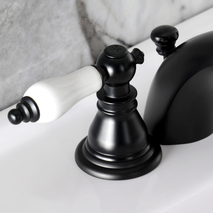 Kingston Tulare KB950APL - American Patriot Two-Handle 3-Hole Deck Mount Mini-Widespread Bathroom Faucet with Pop-Up Drain, Matte Black