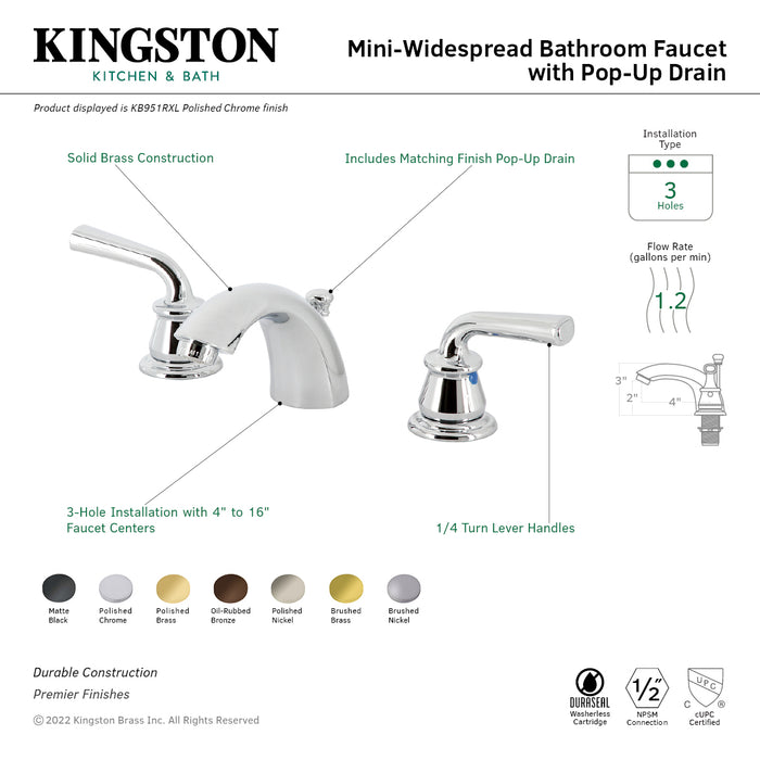 Kingston Tulare KB950RXL - Restoration Two-Handle 3-Hole Deck Mount Mini-Widespread Bathroom Faucet with Pop-Up Drain, Matte Black