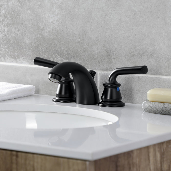 Kingston Tulare KB950RXL - Restoration Two-Handle 3-Hole Deck Mount Mini-Widespread Bathroom Faucet with Pop-Up Drain, Matte Black