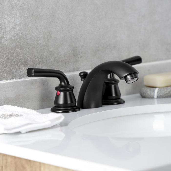 Kingston Tulare KB950RXL - Restoration Two-Handle 3-Hole Deck Mount Mini-Widespread Bathroom Faucet with Pop-Up Drain, Matte Black