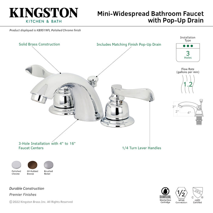Kingston Tulare KB951NFL - NuWave French Two-Handle 3-Hole Deck Mount Mini-Widespread Bathroom Faucet with Pop-Up Drain, Polished Chrome