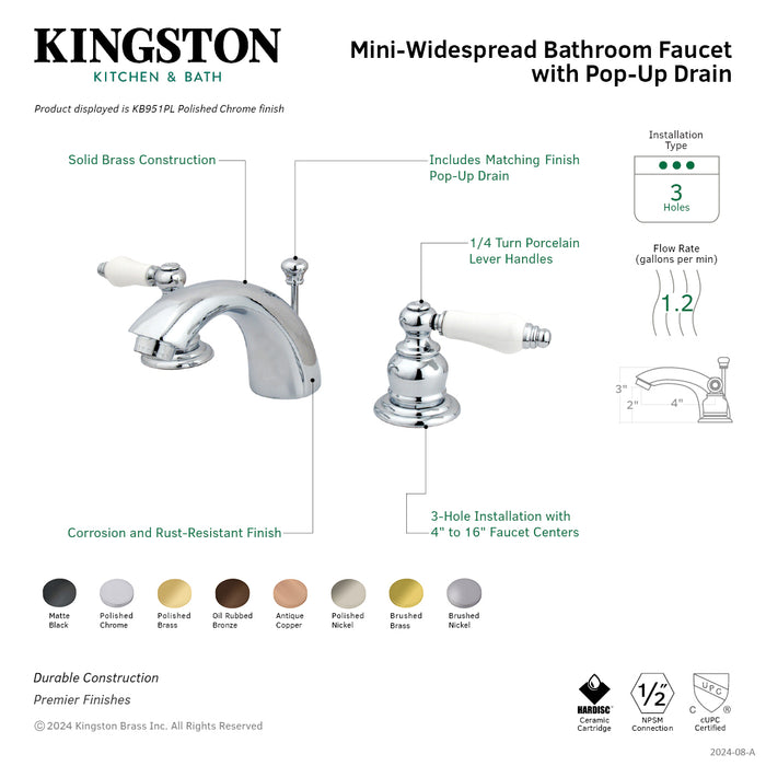 Kingston Heirloom KB951PL - Victorian Two-Handle 3-Hole Deck Mount Mini-Widespread Bathroom Faucet with Pop-Up Drain, Polished Chrome