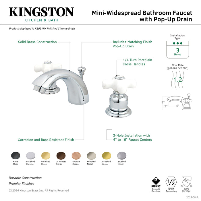 Kingston Heirloom KB951PX - Victorian Two-Handle 3-Hole Deck Mount Mini-Widespread Bathroom Faucet with Pop-Up Drain, Polished Chrome