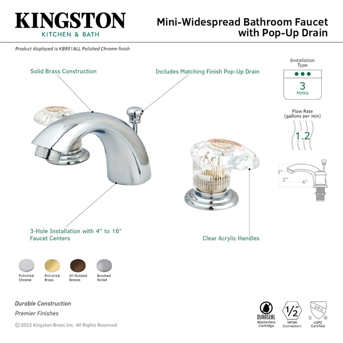 Kingston Tulare KB952ALL - Magellan Two-Handle 3-Hole Deck Mount Mini-Widespread Bathroom Faucet with Pop-Up Drain, Polished Brass