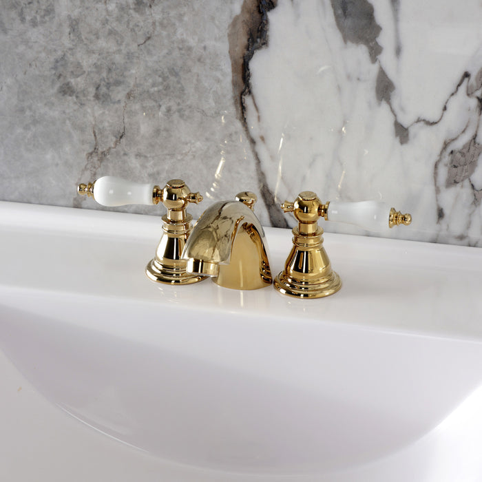 Kingston Tulare KB952APL - American Patriot Two-Handle 3-Hole Deck Mount Mini-Widespread Bathroom Faucet with Pop-Up Drain, Polished Brass