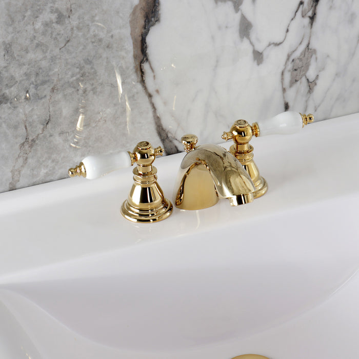 Kingston Tulare KB952APL - American Patriot Two-Handle 3-Hole Deck Mount Mini-Widespread Bathroom Faucet with Pop-Up Drain, Polished Brass