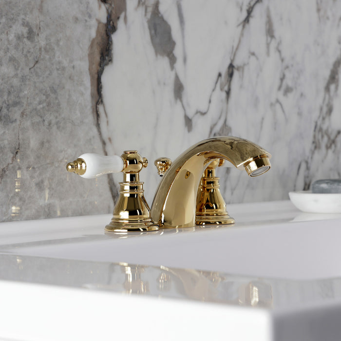 Kingston Tulare KB952APL - American Patriot Two-Handle 3-Hole Deck Mount Mini-Widespread Bathroom Faucet with Pop-Up Drain, Polished Brass