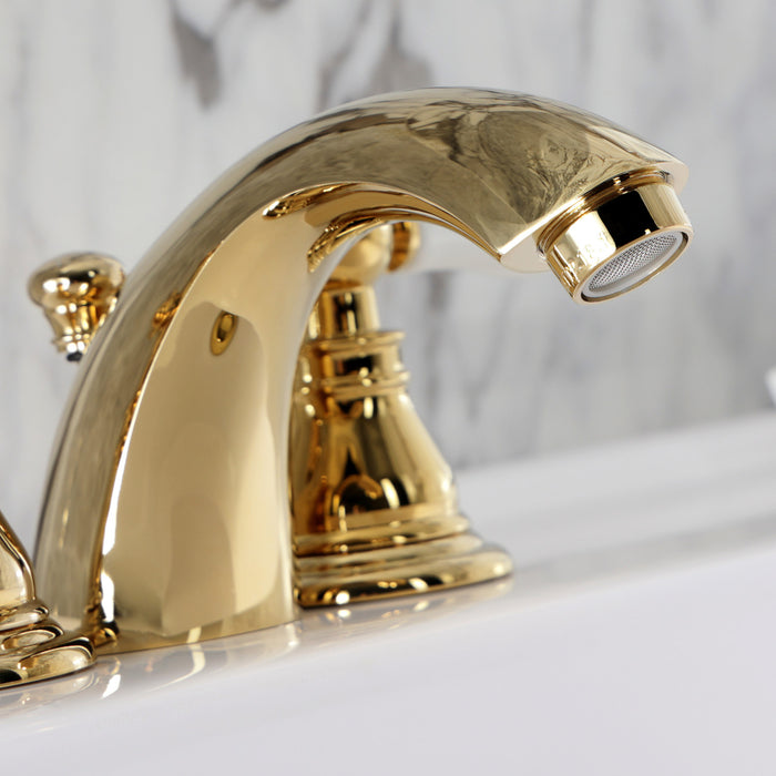 Kingston Tulare KB952APL - American Patriot Two-Handle 3-Hole Deck Mount Mini-Widespread Bathroom Faucet with Pop-Up Drain, Polished Brass