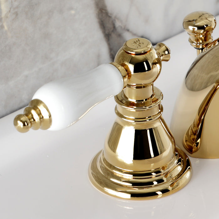 Kingston Tulare KB952APL - American Patriot Two-Handle 3-Hole Deck Mount Mini-Widespread Bathroom Faucet with Pop-Up Drain, Polished Brass