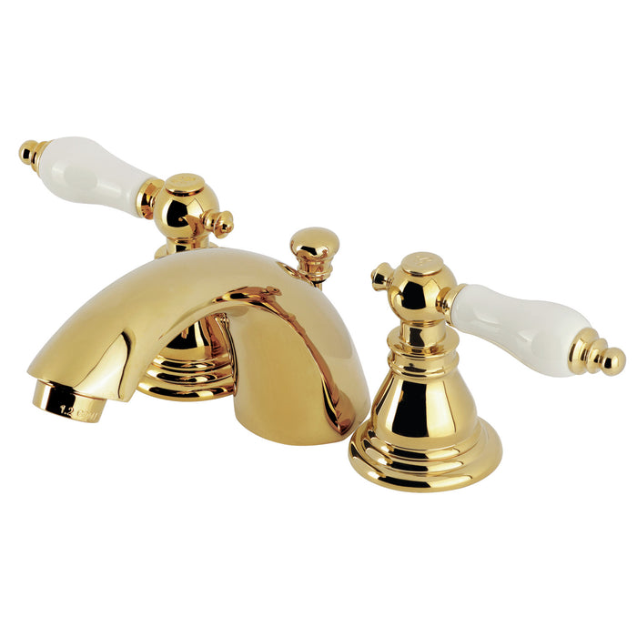 American Patriot KB952APL Two-Handle 3-Hole Deck Mount Mini-Widespread Bathroom Faucet with Plastic Pop-Up, Polished Brass