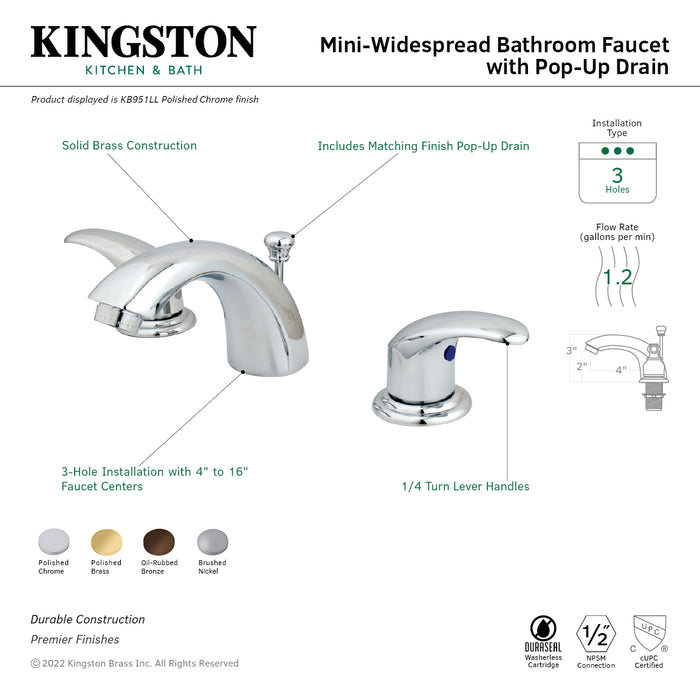 Kingston Tulare KB952LL - Legacy Two-Handle 3-Hole Deck Mount Mini-Widespread Bathroom Faucet with Pop-Up Drain, Polished Brass