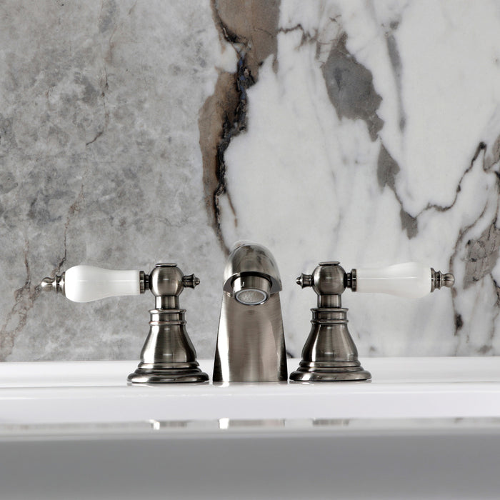 Kingston Tulare KB953APL - American Patriot Two-Handle 3-Hole Deck Mount Mini-Widespread Bathroom Faucet with Pop-Up Drain, Black Stainless