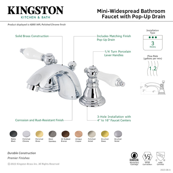 Kingston Tulare KB955APL - American Patriot Two-Handle 3-Hole Deck Mount Mini-Widespread Bathroom Faucet with Pop-Up Drain, Oil Rubbed Bronze