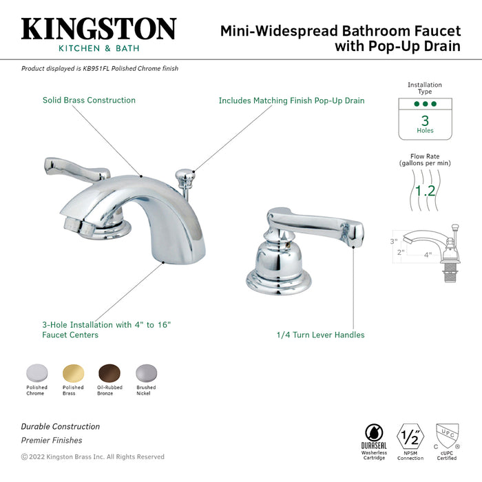 Kingston Tulare KB955FL - Royale Two-Handle 3-Hole Deck Mount Mini-Widespread Bathroom Faucet with Pop-Up Drain, Oil Rubbed Bronze