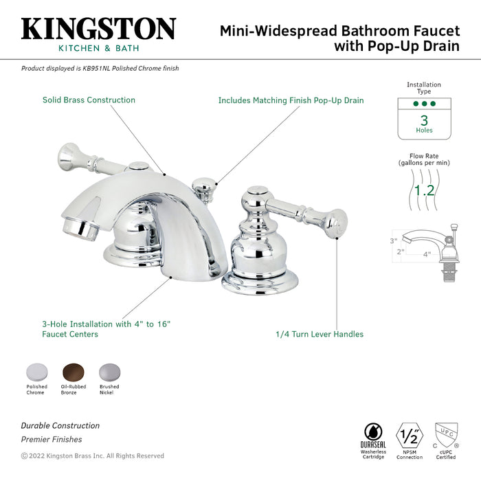 Kingston Tulare KB955NL - Naples Two-Handle 3-Hole Deck Mount Mini-Widespread Bathroom Faucet with Pop-Up Drain, Oil Rubbed Bronze