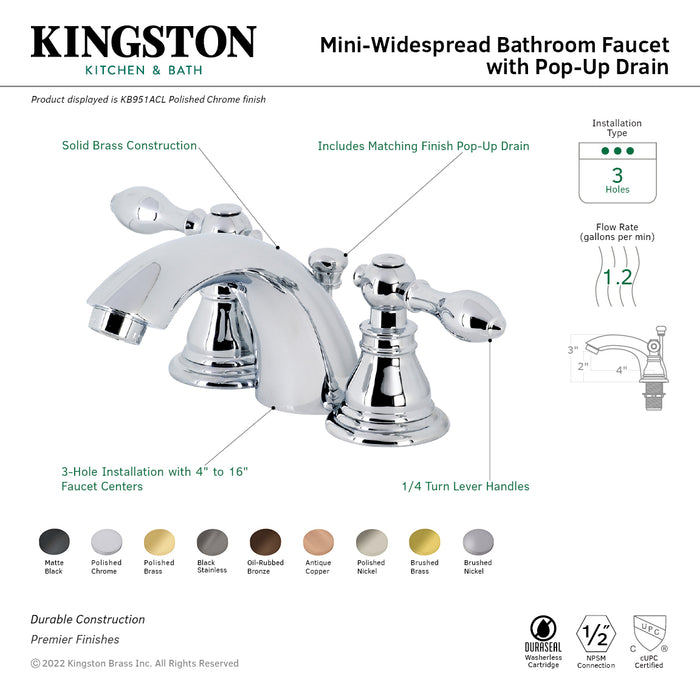 Kingston Tulare KB956ACL - American Classic Two-Handle 3-Hole Deck Mount Mini-Widespread Bathroom Faucet with Pop-Up Drain, Antique Copper