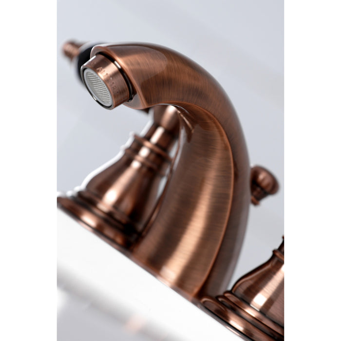 Kingston Heirloom KB956AKL - Duchess Two-Handle 3-Hole Deck Mount Mini-Widespread Bathroom Faucet with Pop-Up Drain, Antique Copper