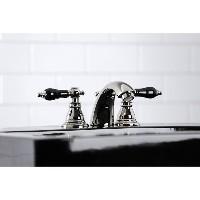 Kingston Heirloom KB956AKLPN - Duchess Two-Handle 3-Hole Deck Mount Mini-Widespread Bathroom Faucet with Pop-Up Drain, Polished Nickel