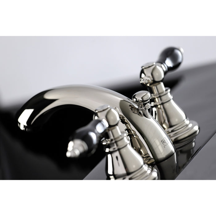 Kingston Heirloom KB956AKLPN - Duchess Two-Handle 3-Hole Deck Mount Mini-Widespread Bathroom Faucet with Pop-Up Drain, Polished Nickel