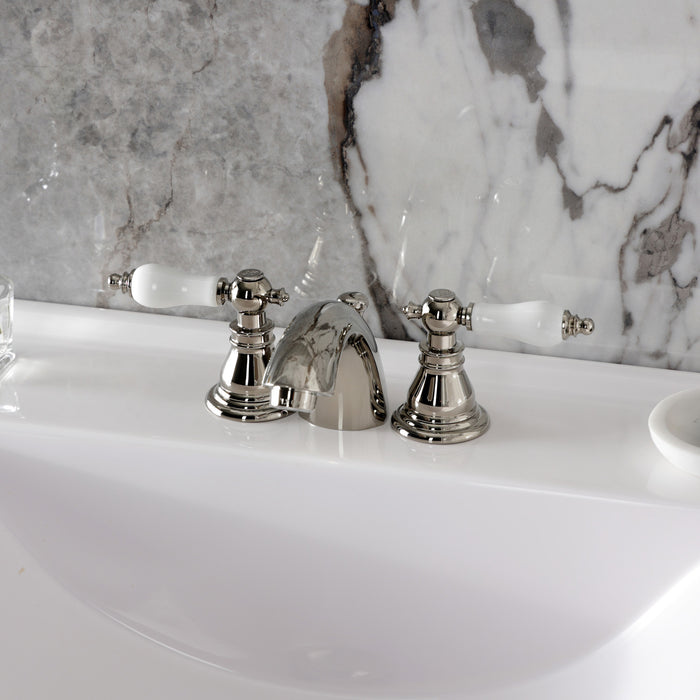 Kingston Tulare KB956APLPN - American Patriot Two-Handle 3-Hole Deck Mount Mini-Widespread Bathroom Faucet with Pop-Up Drain, Polished Nickel