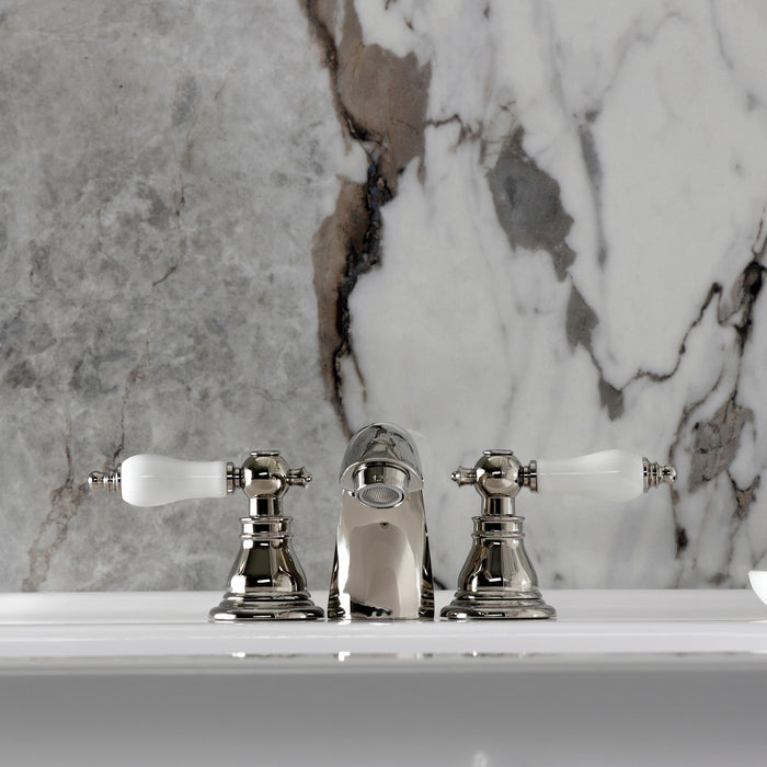 Kingston Tulare KB956APLPN - American Patriot Two-Handle 3-Hole Deck Mount Mini-Widespread Bathroom Faucet with Pop-Up Drain, Polished Nickel