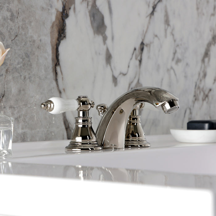 Kingston Tulare KB956APLPN - American Patriot Two-Handle 3-Hole Deck Mount Mini-Widespread Bathroom Faucet with Pop-Up Drain, Polished Nickel