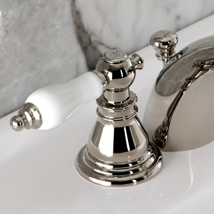Kingston Tulare KB956APLPN - American Patriot Two-Handle 3-Hole Deck Mount Mini-Widespread Bathroom Faucet with Pop-Up Drain, Polished Nickel