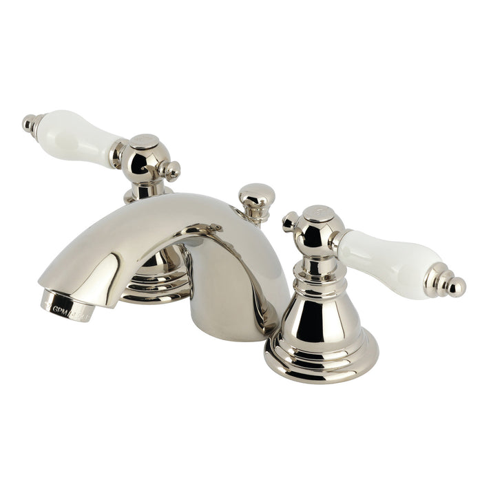 American Patriot KB956APLPN Two-Handle 3-Hole Deck Mount Mini-Widespread Bathroom Faucet with Plastic Pop-Up, Polished Nickel