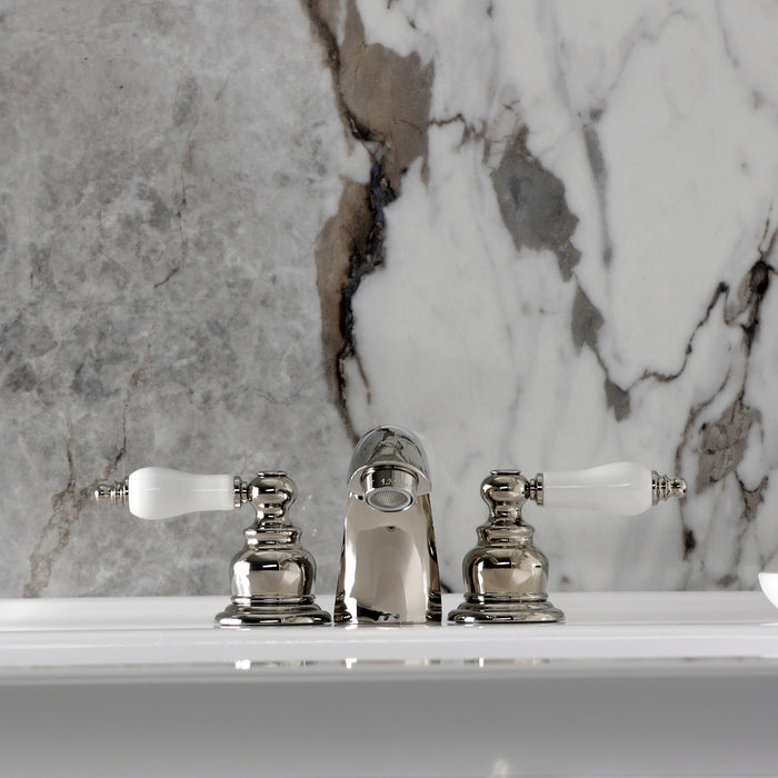 Kingston Heirloom KB956PLPN - Victorian Two-Handle 3-Hole Deck Mount Mini-Widespread Bathroom Faucet with Pop-Up Drain, Polished Nickel