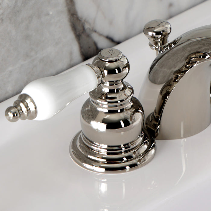 Kingston Heirloom KB956PLPN - Victorian Two-Handle 3-Hole Deck Mount Mini-Widespread Bathroom Faucet with Pop-Up Drain, Polished Nickel