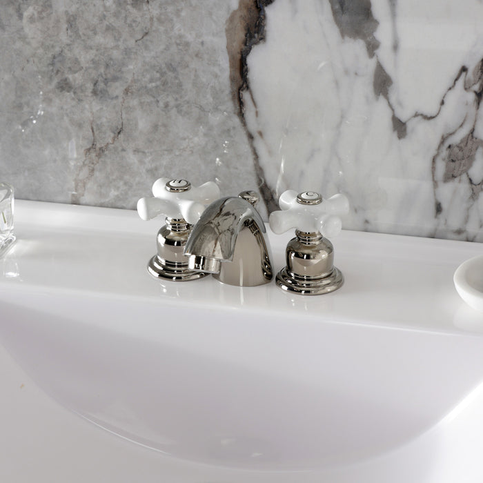 Kingston Heirloom KB956PXPN - Victorian Two-Handle 3-Hole Deck Mount Mini-Widespread Bathroom Faucet with Pop-Up Drain, Polished Nickel